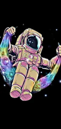 This phone wallpaper is a digital illustration featuring a cheerful astronaut floating amidst colorful galaxies