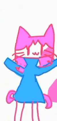 This live wallpaper features a delightful anime-style cat drawing wearing a cheerful blue dress on a vibrant dayglo pink and blue background