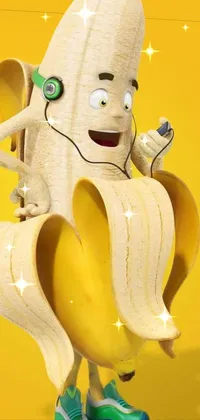 This phone live wallpaper features a playful banana character holding a banana and listening to headphones