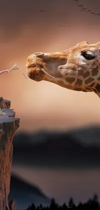 This stunning phone live wallpaper features a digital art image of a majestic giraffe standing on a cliff next to a young girl