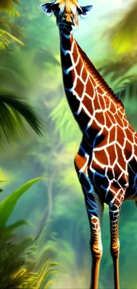Get lost in the breathtaking sight of a majestic giraffe standing atop a lush green forest with this stunning phone live wallpaper