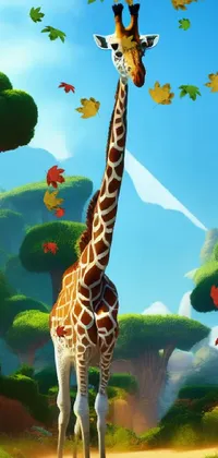 This stunning phone live wallpaper features a low poly render of a majestic giraffe standing in the dirt against a lush jungle backdrop