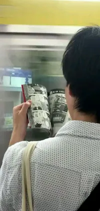 This phone live wallpaper features a man absorbed in reading while standing in front of an urban subway station