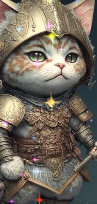 This live wallpaper features a detailed illustration of a cat dressed in armor, holding a sword, in a fantasy art style