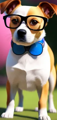 This phone live wallpaper showcases a charming digital painting of a glasses-wearing and bow-tie donning dog in a sunny outdoor setting