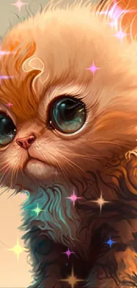 This colorful and delightful live wallpaper features a close-up of a cuddly kitten on a table
