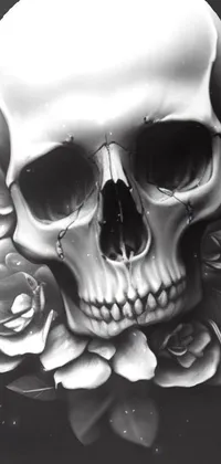 Transform your phone's homescreen with this edgy black and white live wallpaper, featuring a striking skull and roses drawing