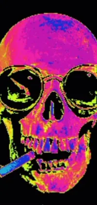 This phone live wallpaper features a striking digital rendering of a skull wearing sunglasses and holding a cigarette between its teeth