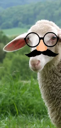 This live wallpaper features a comedic image of a sheep with a fake mustache upon a peaceful garden backdrop