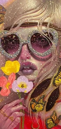 This lively phone live wallpaper features a stunning painting of a fashion-forward woman wearing sunglasses and a dazzling bejeweled flowers mask