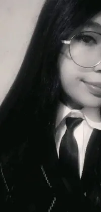 This live wallpaper features a black and white photograph of a young person wearing glasses and a tie
