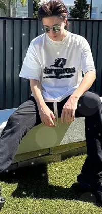 This stylish live wallpaper features a man sitting on a cement bench, donned in Off-White fashion with a black t-shirt and creeper shoes