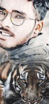This live wallpaper depicts a striking airbrush painting of a man with glasses and a tiger