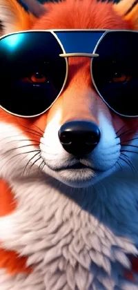 This phone live wallpaper features a stunning close up of a red fox wearing sunglasses with beautifully detailed fur in shades of orange, brown and white