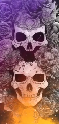 This striking phone wallpaper features digital art of two realistically designed skulls resting next to each other