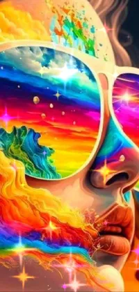 This phone live wallpaper features a psychedelic art print of a woman sporting bright rainbow face paint and trendy mirror shades