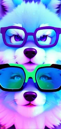This phone live wallpaper features two dogs wearing glasses in a playful pose