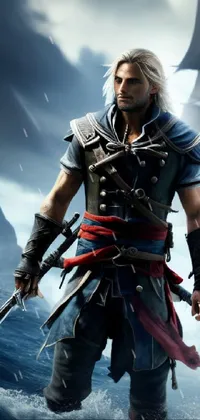 Enhance your phone screen with a stunning live wallpaper featuring a bold pirate standing atop a ship in the vast ocean