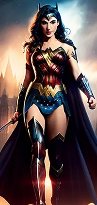 This live wallpaper showcases an impressive image of a powerful superheroine holding a sword, standing in front of a bustling urban city
