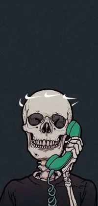 This phone live wallpaper showcases a humorous cartoon image of a skeleton holding a phone with the Tumblr and Nike logo displayed on the screen