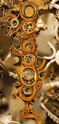 This phone live wallpaper features a close-up digital rendering of a complex and ornate gilded cosmic machine