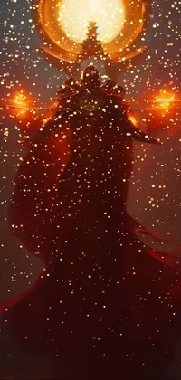 Get enchanted by this stunning phone live wallpaper! Featuring a mesmerizing fantasy art concept, this piece portrays a beautiful woman draped in red holding a bright light above her