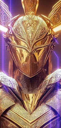 This phone live wallpaper showcases a striking close-up of a golden armor against a backdrop of black