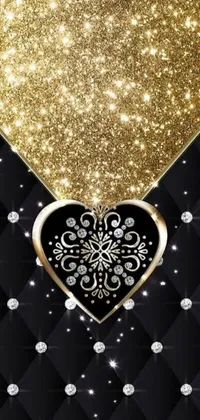 This phone live wallpaper features a sparkling diamond heart set against a black and gold backdrop