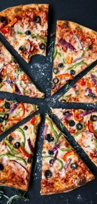 This phone live wallpaper features a delectable freshly baked pizza with toppings, with each slice cut perfectly among eight pieces