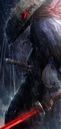 Looking for an eye-catching phone live wallpaper that showcases a mysterious figure wielding a sword in the pouring rain? This surreal wallpaper has got you covered