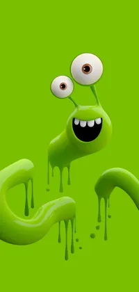 This live wallpaper for your phone features a fun and playful green monster with googly eyes