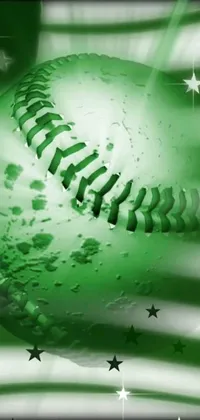 This live wallpaper showcases a green baseball perched on an American flag in a digital art composition