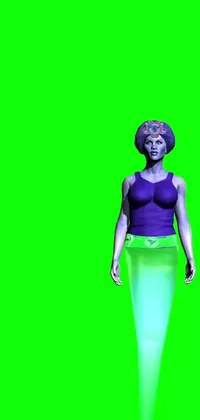This phone live wallpaper features a female genie in a flowing blue dress standing in front of a green screen