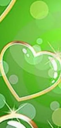 This phone live wallpaper features an enchanting green background adorned with hearts, sparkles, and floating bubbles