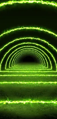 This live wallpaper features a high-quality 4K photograph of a futuristic, neon-lit tunnel with bright green lights