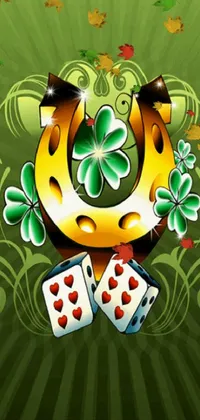 This phone live wallpaper features a pair of dice and a horseshoe on a green background filled with lucky clovers