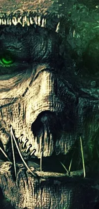 Looking for a scary and unique wallpaper for your phone? Check out this digital art live wallpaper depicting a close-up of a zombie face with striking green eyes! This eerie image is perfect for horror fans and lovers of the undead