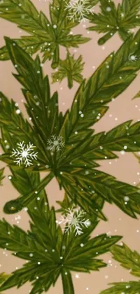 This live phone wallpaper is an intricately detailed digital art piece of a plant covered in snowflakes