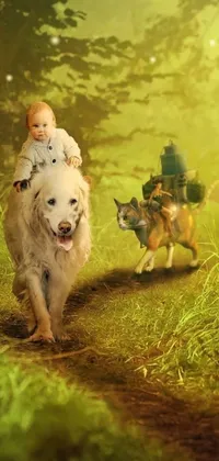 This stunning phone live wallpaper features an enchanting scene of a baby riding a steampunk white dog in a lush forest