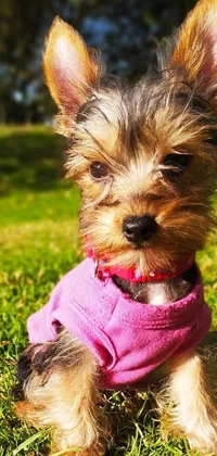 This live phone wallpaper features a charming Yorkshire Terrier wearing a pink sweater and sitting on a lush green field under warm sunshine