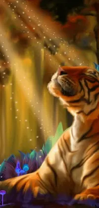 This live wallpaper features a stunning digital painting of a tiger, sat amongst long grass