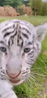 This live wallpaper features a beautiful baby white tiger standing atop a lush green field