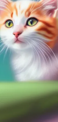 This stunning phone wallpaper features a close-up of a beautiful feline sitting on a table, rendered using digital painting technique