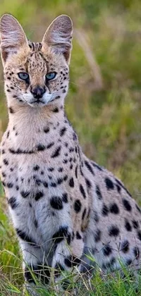 This phone live wallpaper features a realistic depiction of a Kenyan spotted cat, sitting in lush green grass and gazing off into the distance