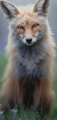 This phone live wallpaper features a stunning image of a fox sitting on a lush green field