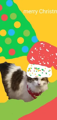 This live wallpaper features a festive cat wearing a Santa hat decorated with colorful sprinkles, set against a popsicle-colored, Tumblr-inspired, low-quality background