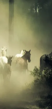 Experience the thrilling sight of horses running through a forest with this live wallpaper
