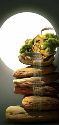 This live phone wallpaper depicts a delightful house on top of a stack of rocks, adorned with a water wheel in the background