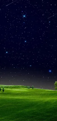 This stunning phone live wallpaper showcases a green field with tall trees and a magnificent night-sky filled with twinkling stars