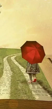 Enhance your phone with a stunning live wallpaper of an open book on a wooden table featuring a picture of magic realism with a person holding a red umbrella and walking down a beautiful cobblestone road
